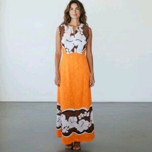 VTG Malihini Hawaii Maxi Dress‎ Sleeveless Neon Orange Brown Tropical Sz M MINT